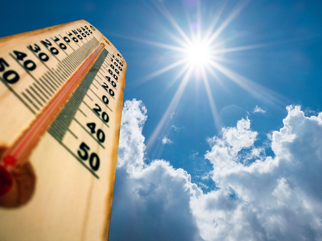 Thermometer Sun high Degres. Hot summer day. High Summer temperatures